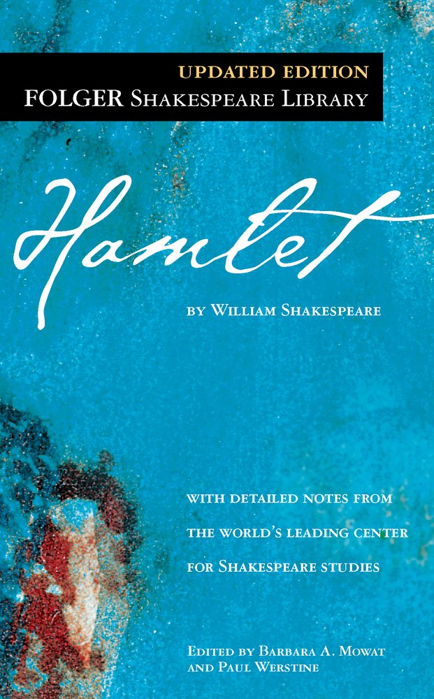 The book cover for Hamlet by William Shakespeare. A blue painted background with a red splotch in the lower left corner. The title is in white cursive text.