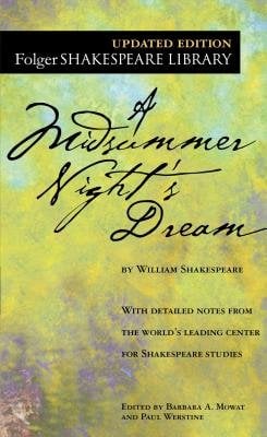 The book cover for A Midsummer Night's Dream by William Shakespeare. A yellow green background with pale blue splotches on the top and a purple and brownish pink splotch in the lower left corner. The title is in black cursive text.