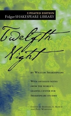 The book cover for Twelfth Night by William Shakespeare. A green painted background with a dark blue splotch in the lower left corner. The title is in black cursive text.