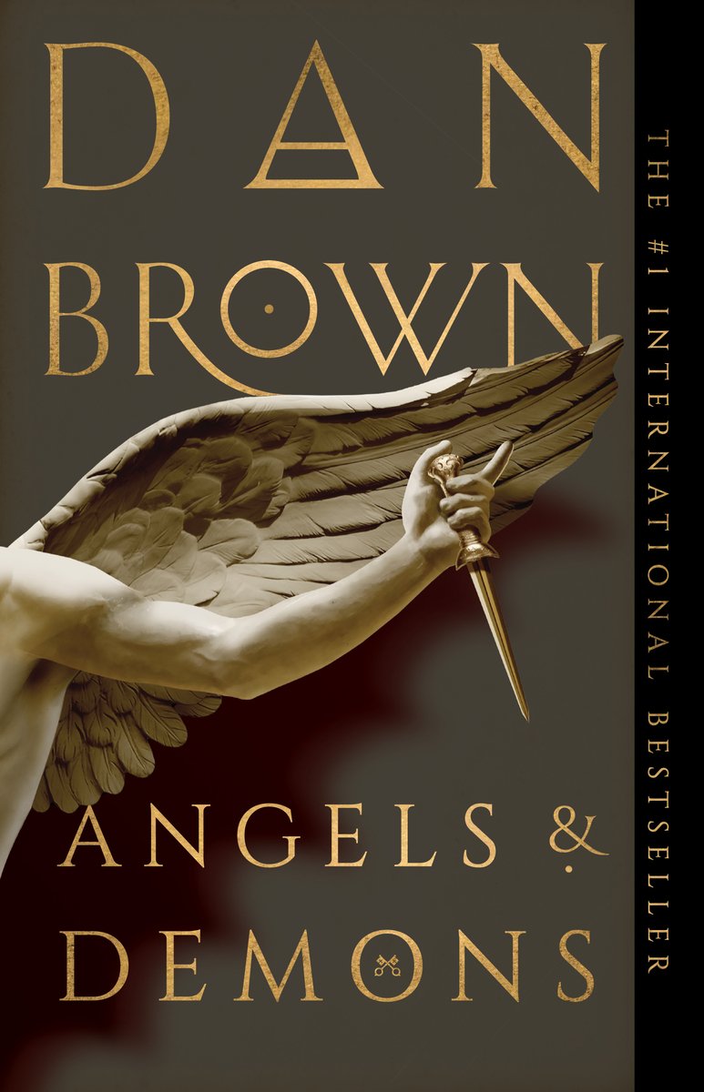 Angels and Demons by Dan Brown book cover. The top half of the cover is black, and a red photograph of part of the Vatican skyline cuts into it. Beneath this, are the eyes of an older man, looking above the viewer.