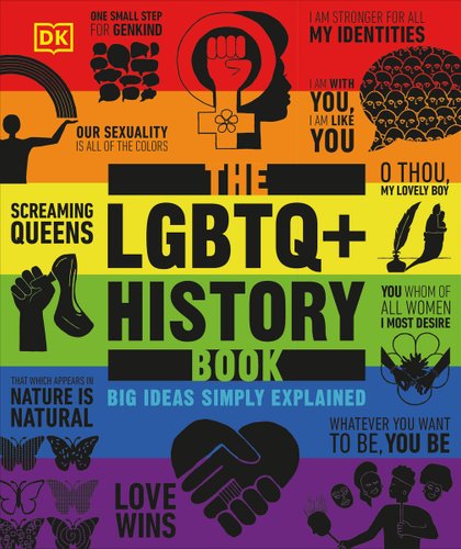 The LGBTQ+ History Book by DK book cover. Depicting a variety of LGBTQ+ iconography over a horizontal rainbow pattern.