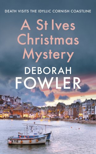 "A St Ives Christmas Mystery: The Must-Read Festive Cosy Crime Mystery" by Deborah Fowler book cover of the Cornish Coastline with the town's lights on. Big dark clouds loom over the town with only a bit of light in the distance.