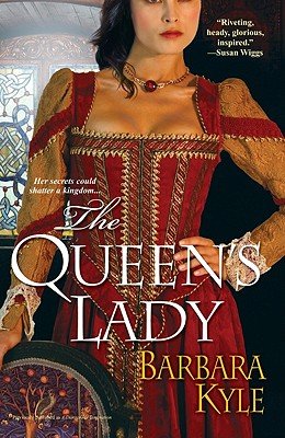 The Queen's Lady by Barbara Kyle, a historical romance book cover depicting a woman with black hair, wearing a red, long-sleeved gown with gold accents, with her hand on her hip. The title is printed in a thin white font.