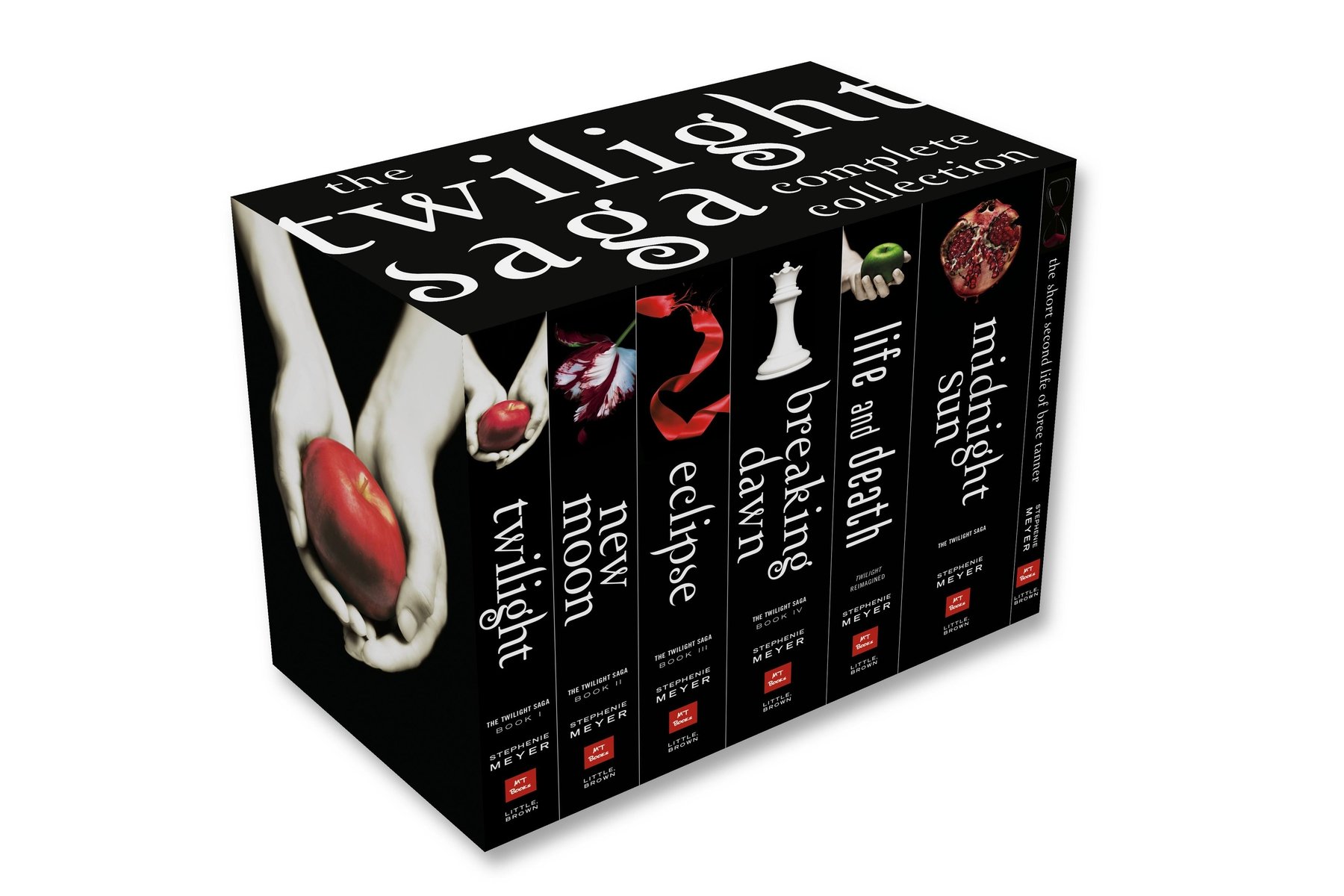Box set of the Twilight Saga by Stephanie Meyer on a white background. Box is black with white lettering; image of pale hands holding a red apple is prominently featured on the side of the box.