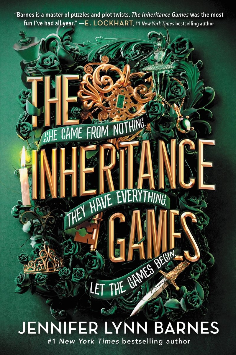 The Inheritance Games by Jennifer Lynn Barnes book cover on an emerald green background with gold embellishments and lettering. The author's name is written in smaller white at the bottom.