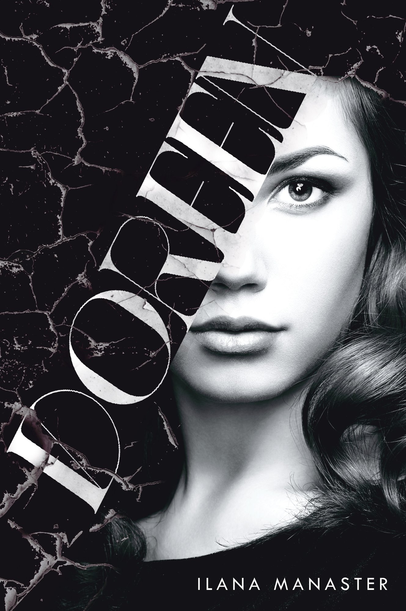 Doreen by Ilana Manaster. A book cover depicting half the face of a beautiful woman in black-and-white, with curled hair and a black shirt. Her face is fractured by the book title, and the remaining background is black with white cracks.