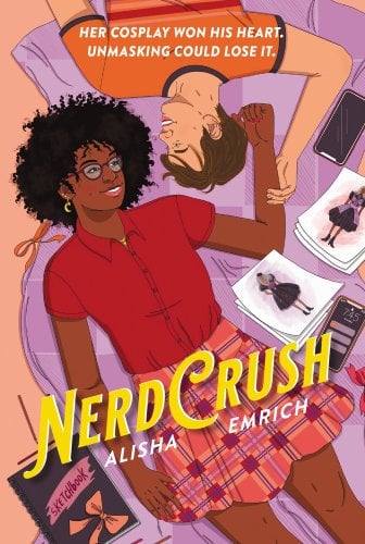 A girl with an afro style hairdo is wearing glasses, a red button-up top and red plaid skirt. A young boy lies upside down on the other side of her wearing an orange top. Her arm lies near his head. His hand is holding the arm. They are both lying on a purple blanket. A sketchbook and sketched images lie on the blanket, too.