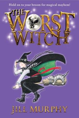 A witch with a top hat riding a broom. A cat is on the end of it as they fly. The title is written in gold and the 'o' is the witch flying across the moon.