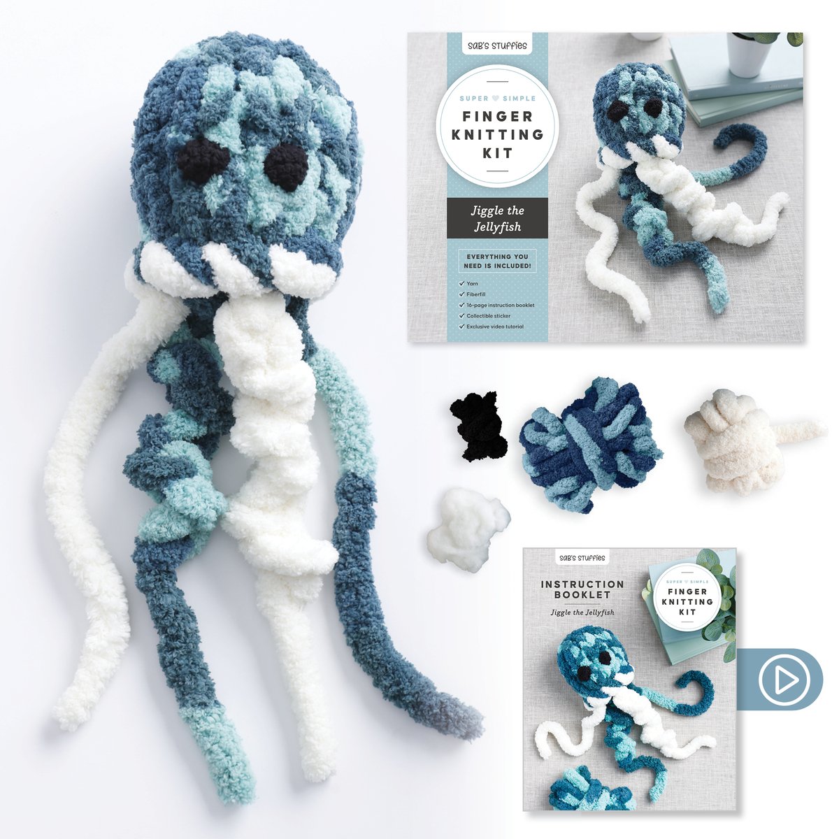 Super Simple Finger Knitting Kit Jiggle the Jellyfish by Sabrina-Rose Benedict, a crafting book and kit box depicting an image of the completed blue knitted jellyfish. Beside the box in the image is a collection of the different yarns that are included in the kit.
