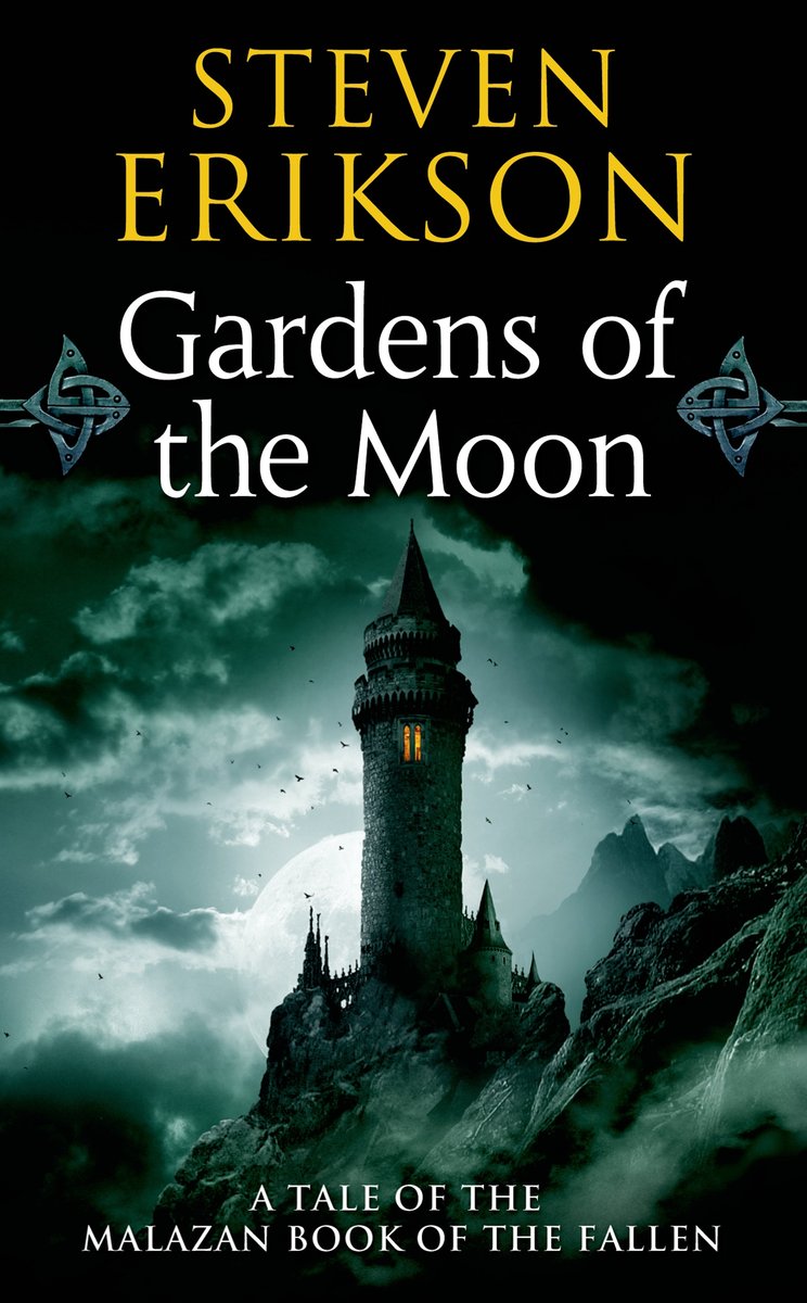 A large tower with a light on the top room, shining out the window. A moon crests behind and dark clouds surround the tower. The authors name, Steven Erikson, in yellow across the top and the title, Gardens of the Moon, is above the tower.