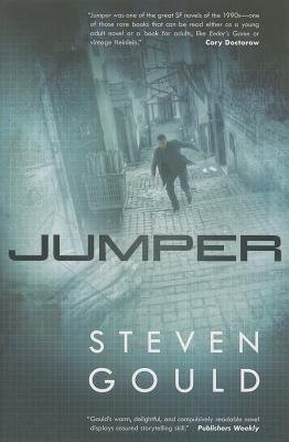 Jumper by Steven Gould. A blue tinted photo of a man running towards the viewer, in an alley.