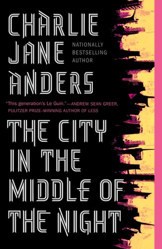 Black cover with the outline of a city on the right side on its side. Cover of "The city in the middle of the night"