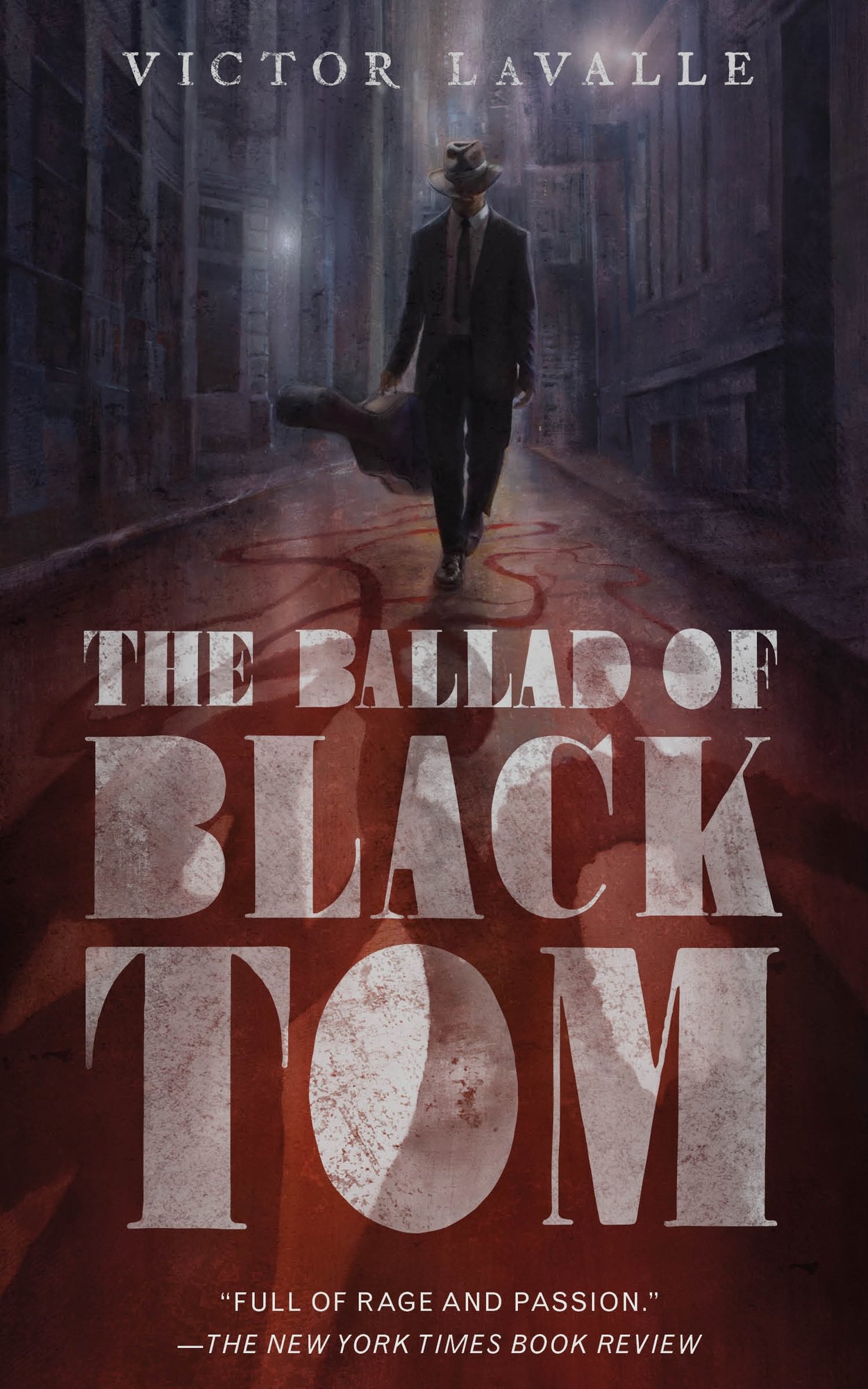 The cover of Victor LaValle's Ballad of Black Tom, with a drawing of a man walking down a darkened street, with the shadows of tentacles around his feet.