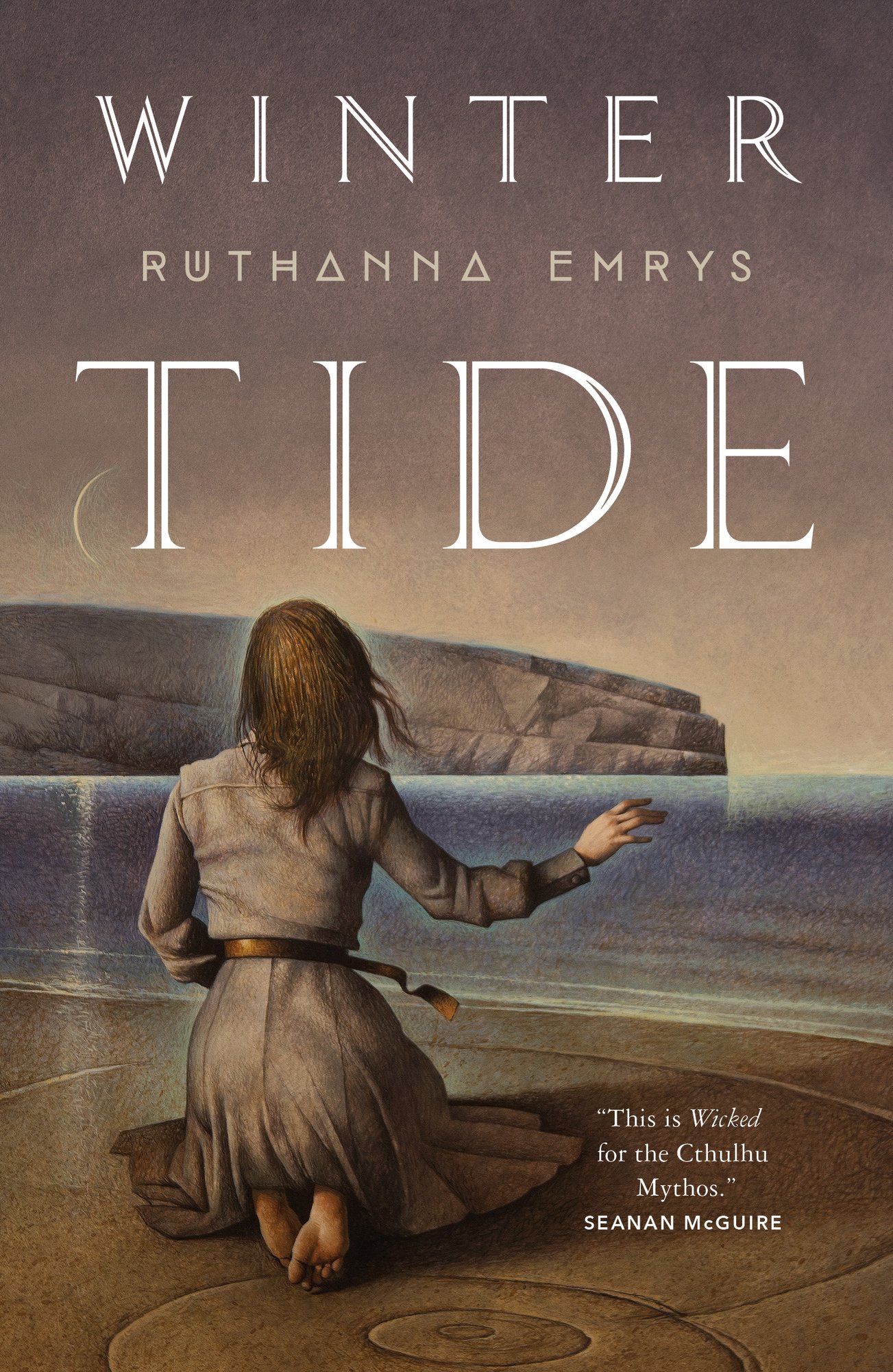 The cover of Ruthanna Emrys' Winter Tide, featuring the drawing of a girl facing away from the viewer and towards a calm body of water.