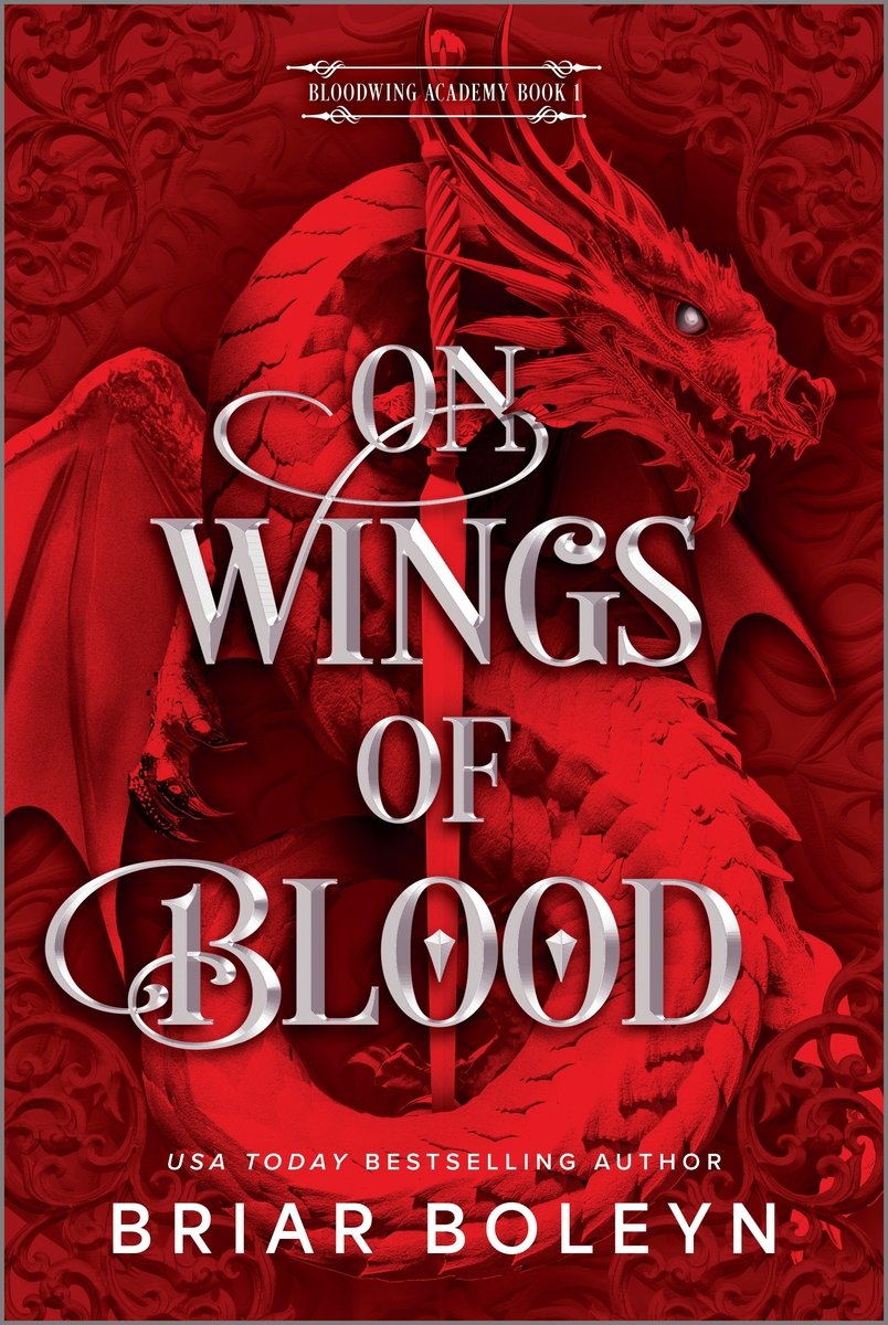 Book cover of On Wings of Blood by Briar Boleyn. It is a red book cover featuring a red dragon wrapped around a red sword.