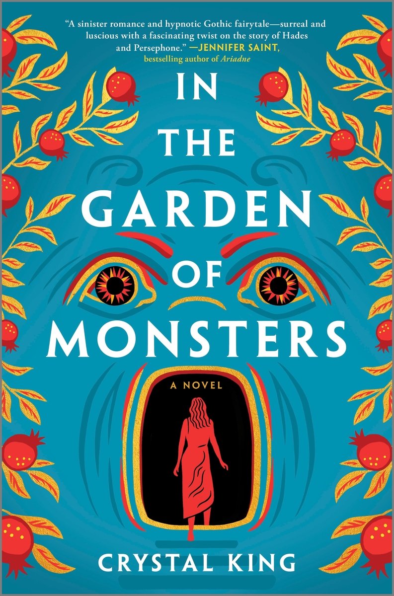 In the Garden of Monsters by Crystal King. A figure illustrated in red walks into the mouth of a large face, with branches and pomegranates creeping in from both sides.