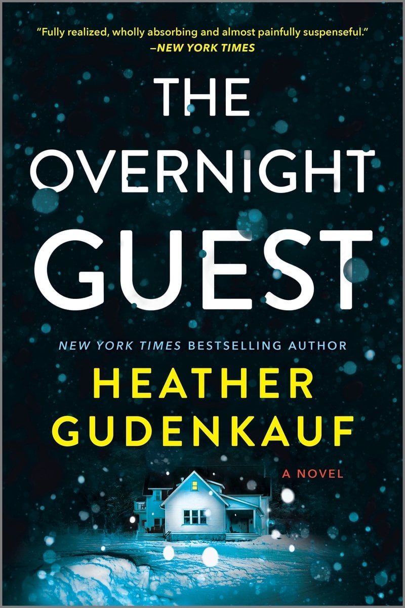 The Overnight Guest by Heather Gudenkauf, a mystery book cover depicting a black cover with a blue home at the bottom, lit up by a bright light. The title is printed in a bold white font, and the author's name is printed in a bold yellow font.