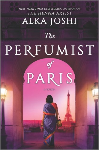 A woman wearing a indigo and red dress, standing under an arched ceiling, in front of the Eiffel Tower under a purple sky with lights on either side. The title of the book in large, white text and the author's name in smaller, white text.