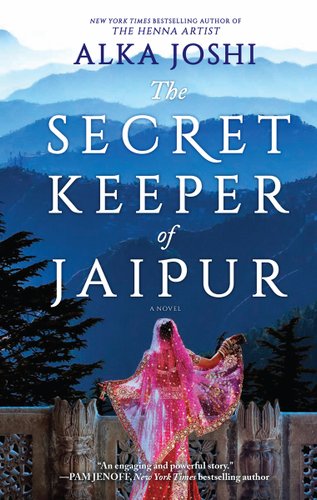 A girl in a pinkish dress and veil standing before a gate in the tall, blue and white mountains with trees surrounding her on her sides as the background of the book cover. Big, white text stating the title of the book and above, in blue text stating the name of the author, as well as smaller white text at the bottom of the book for praise of the book.