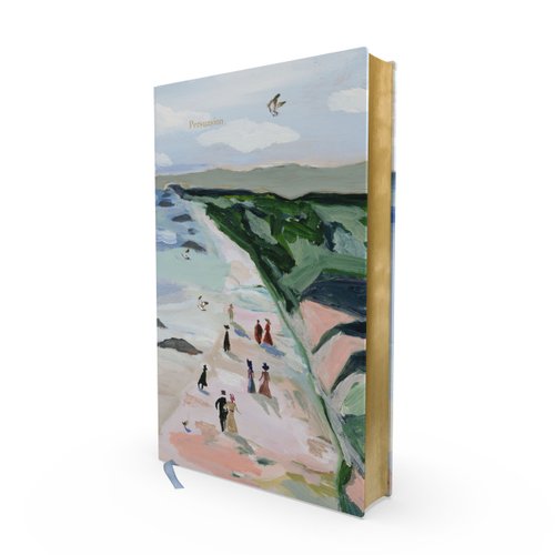 Persuasion by Jane Austen book cover with fancy-dressed people walking down a scenic path.