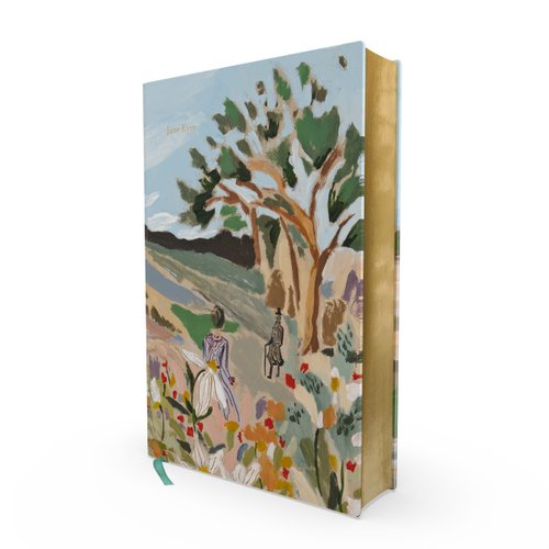 Jane Eyre by Charlotte Brontë book cover with two people, flowers, and trees.