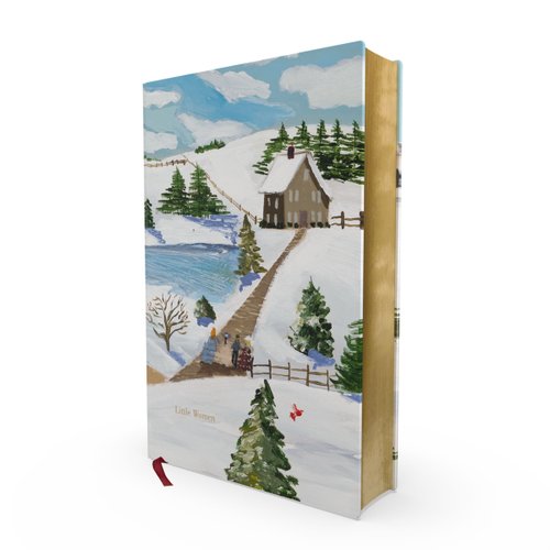 Book cover for Little Women featuring a painted winter landscape with the March sisters walking up a snow-covered path to their house