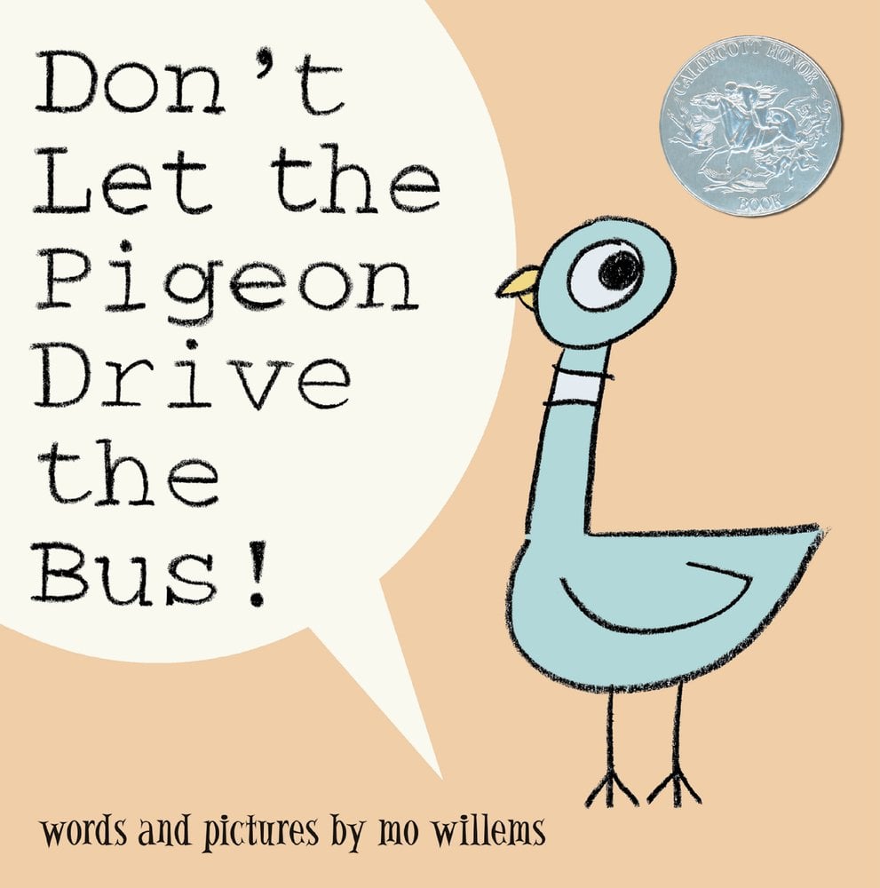 Don't Let the Pigeon Drive the Bus by Mo Willems, a picture book cover depicting an illustrated blue pigeon with the title text in a speech bubble. The background is pastel orange.