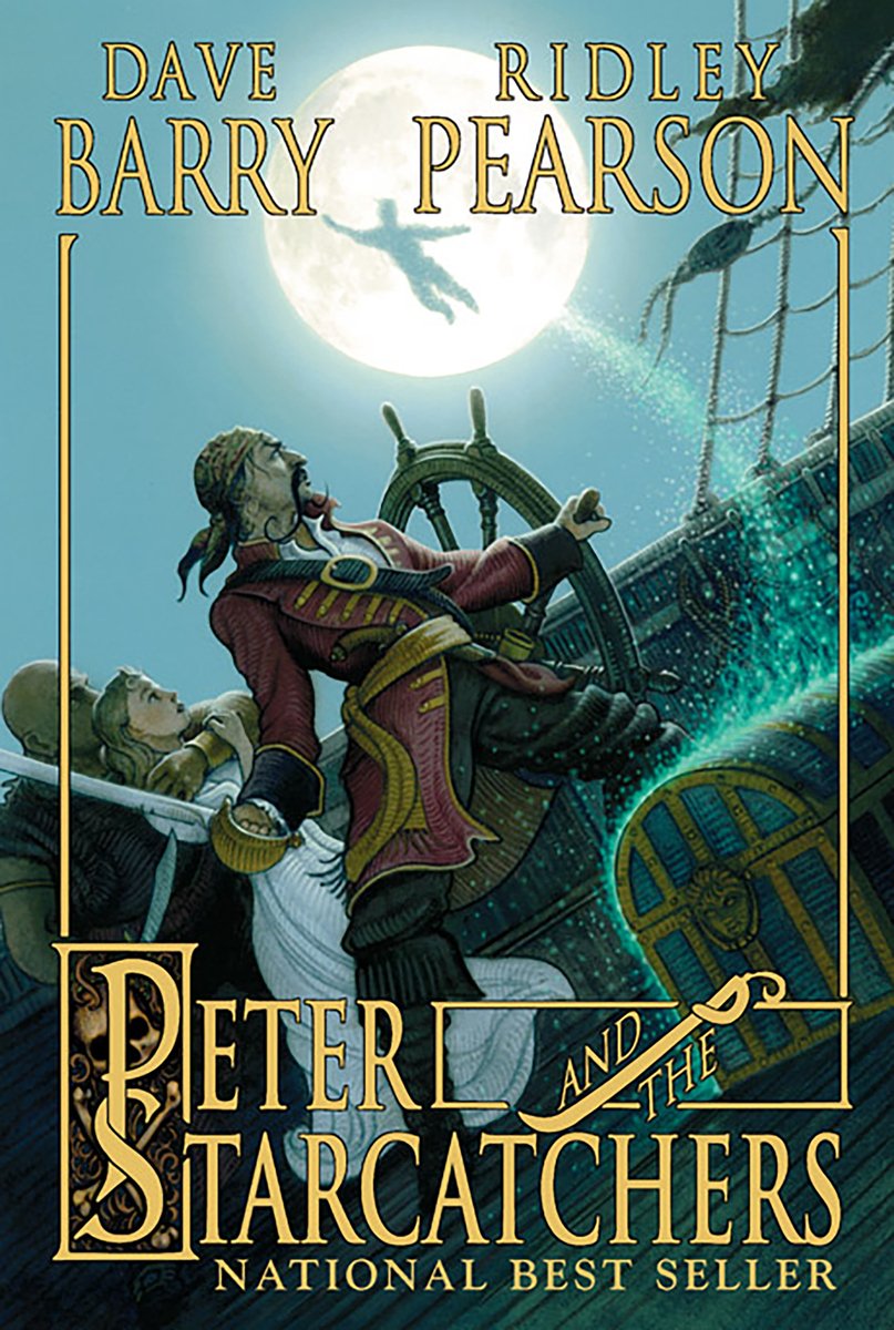 Peter and the Starcatchers, a fantasy, adventure book cover depicting one pirate steering a ship, while another holds a girl hostage, while a silhouette of a man flies above.