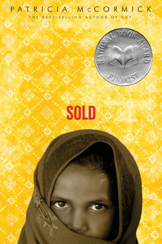 Book jacket for Sold by Patricia McCormick. A cut-out, black and white photo of a girl in a headdress is set against an ornately patterned yellow background.