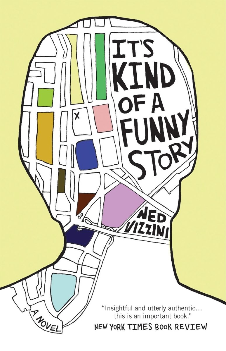 The book cover for It's Kind of a Funny Story. An outline of a person's head to their shoulders stands on the page with a map drawn inside of it with some of the blocks being colored in.