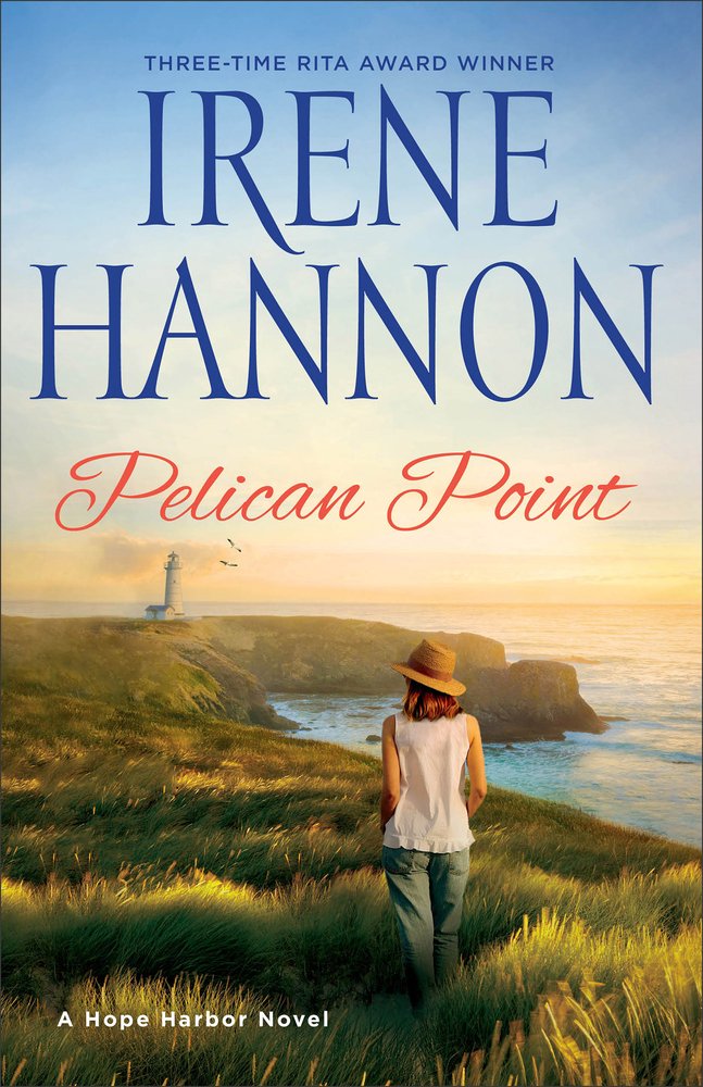 Book cover of Pelican Point by Irene Hannon. A red-haired young white woman wearing a white shirt and blue pants stands amidst knee-high grass staring at a white lighthouse in the distance. The sky is light blue and orange and the water is a clear blue. The author name is in big, dark blue text and the title is in orange script.