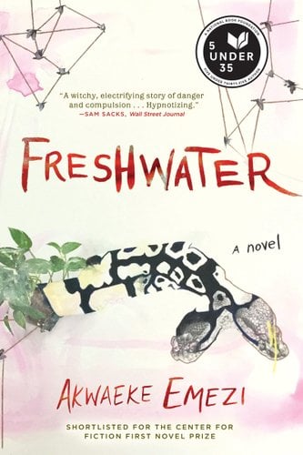Freshwater by Akwaeke Emezi book cover. In a watercolor style, constellations are connected on a pink cloudy background and a compilation of patterns and plant leaves seem to take the shape of a mermaid tail on the bottom of the cover. The title and author name are written in red, all capital handwriting.