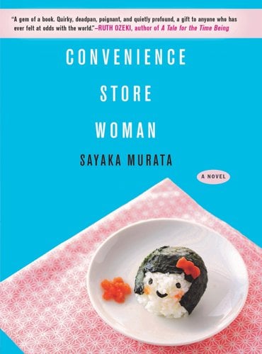Cover of "Convenience Store Woman" by Sayaka Murata, featuring a photo of a napkin and plate with a piece of sushi on it with female features.