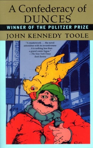 A yellow bird and a man in a red shirt and green cap, in the original illustrated book cover of A Confederacy of Dunces by John Kennedy Toole.