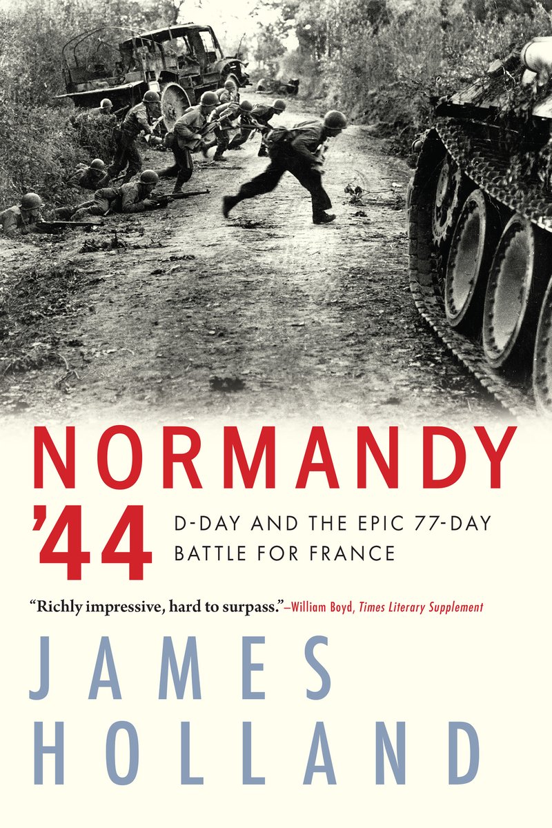Book cover for Normandy '44 which features a group of soldiers crossing a road with wrecked vehicles.