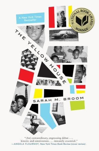 The Yellow House by Sarah M. Broom, book cover. An abstract collage creates a hand with black-and-white images of a family and colored pieces in between. The hand is over a bright yellow background.