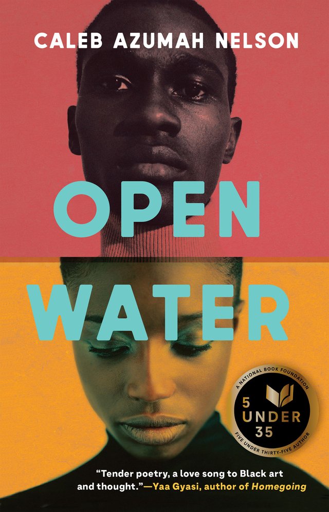 Open Water by Caleb Azumah Nelson, book cover. A man's face is depicted on the top half of the cover with a red background, and a woman's face is shown on the bottom half with a yellow background.
