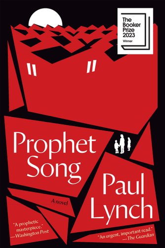 Prophet Song cover by Paul Lynch, an orange sun setting behind a tall building that looms over a mother and two children.