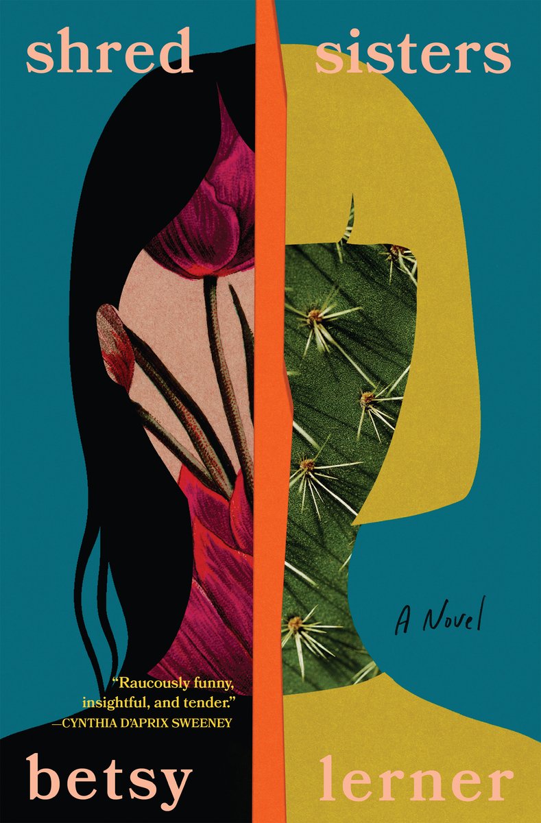 The book cover for Shred Sisters. A portrait is made out of paper cutouts with one half showing black hair and the face beings a pink flower while the other half shows yellow short hair and a cactus cutout for the face.