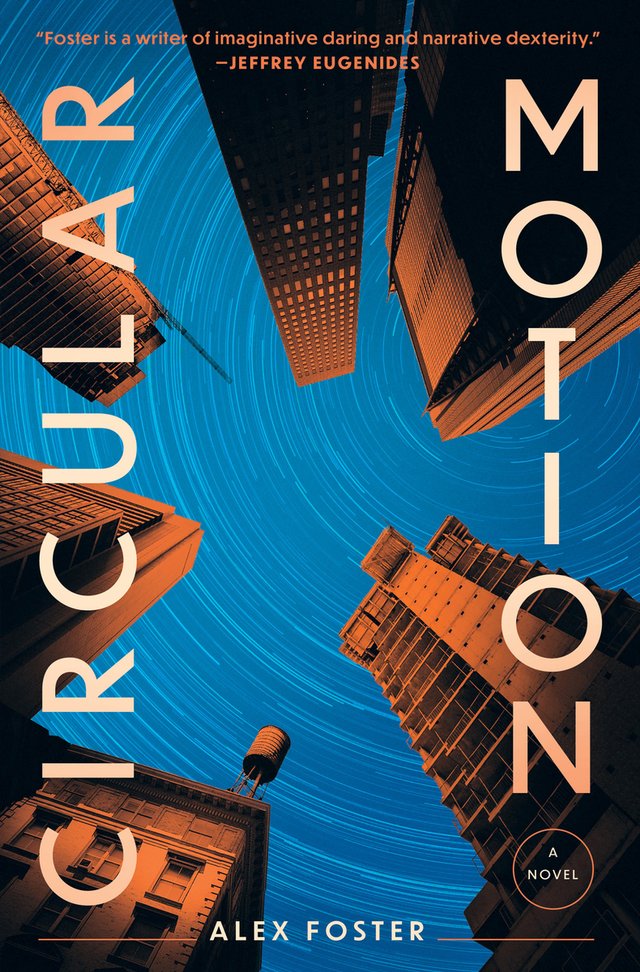 an illustration of a several skyscrapers shaded orangish red viewed from the ground with a blue sky with concentric circles as the background