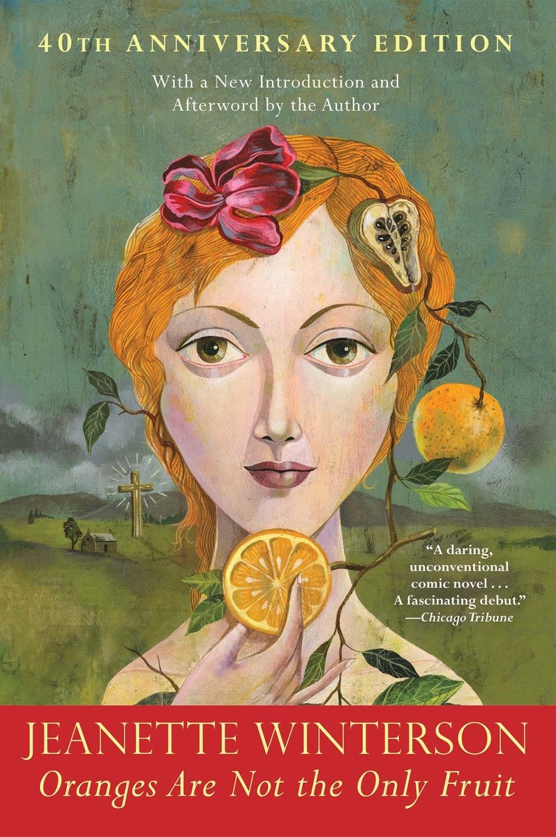 Oranges Are Not the Only Fruit by Jeanette Winterson cover. A red-haired woman holding a cut orange below her mouth. The title and author name are in a light orange on a red strip at the bottom.