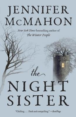 The book cover for The Night Sister by Jennifer McMahon. The black text is contrasted by a baby blue background. Within the background is splotchy images of a leafless black tree and a gray tower.