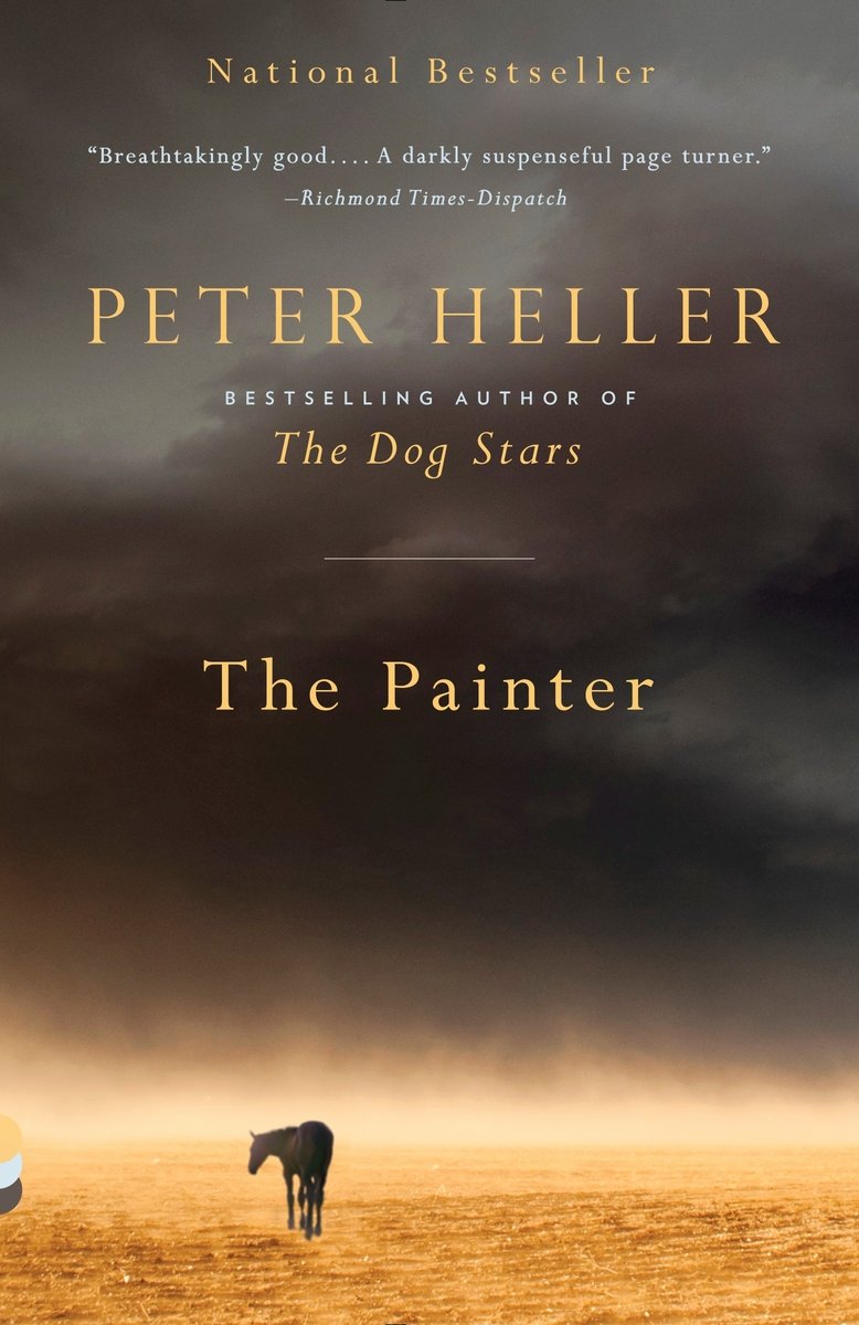 The Painter by Peter Heller, a thriller book cover depicting a brown horse standing on an open, deserted field with dark clouds.