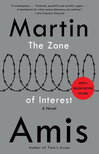 The Zone of Interest book cover with a grey background and spiral of barbed wire across the center