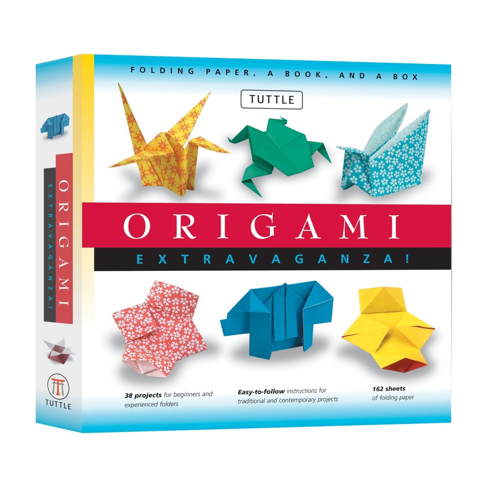 Origami Extravaganza! Folding Paper, a Book, and a Box by Tuttle Studio, a crafting book and kit box cover depicting multiple colorful origami animals and patterns on a white and blue gradient background. The title is printed on a red stripe that goes through the center of the box, horizontally.