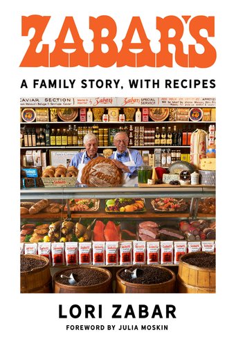 Book cover of Zabar's A Family Story With Recipes with two old men standing behind a deli counter with jarred food behind them and a white background.