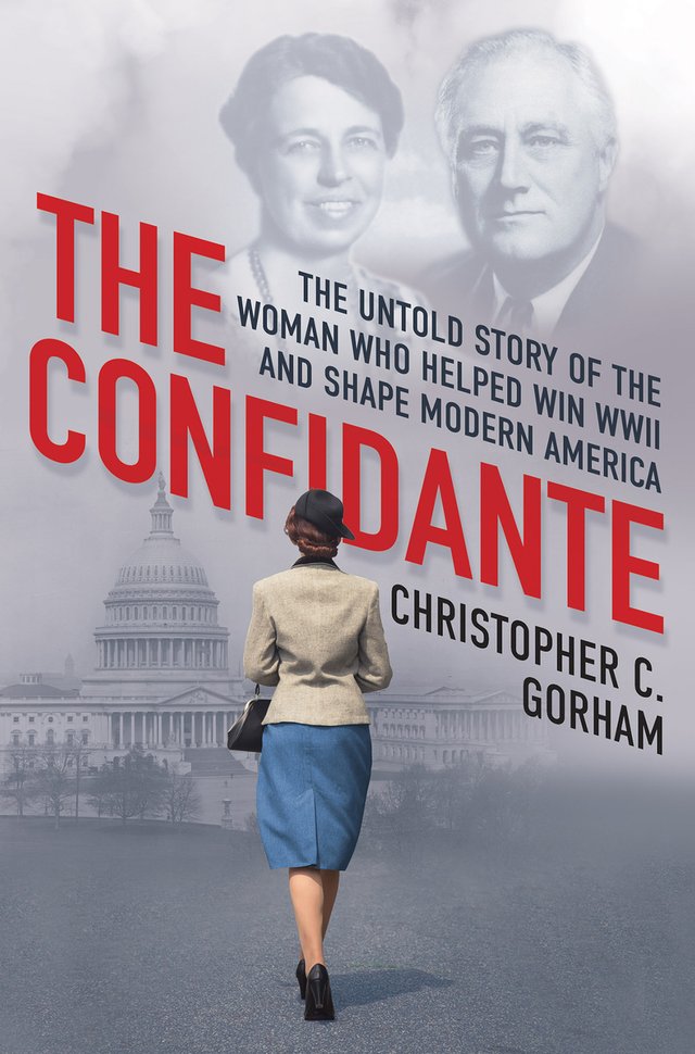 The Confidante by Christopher C. Gorham, book cover. Light gray background with a woman walking away from the viewer wearing a blue skirt and beige coat.