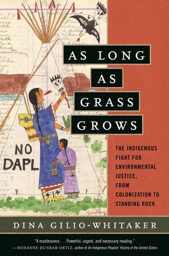 Book jacket for As Long as Grass Grows by Dina Gilio-Whitaker. An Indigenous drawing of a person in a blue robe is decorating a structure stands before a smaller person in a purple robe. An eagle flies in from the top right and vegetation frames the ground. Indecipherable writings cover the background of the drawing. A stripe of brown and light blue runs through the middle.