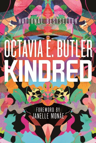 Kindred by Octavia Butler book cover. An African American woman in color is looking down at old black and white houses.