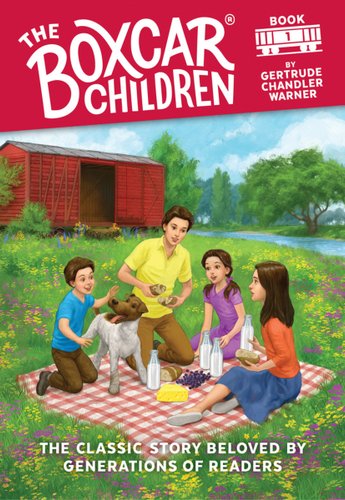 Four children and a dog are shown sitting on a picnic blanket with a boxcar in the background on the cover of THE BOXCAR CHILDREN